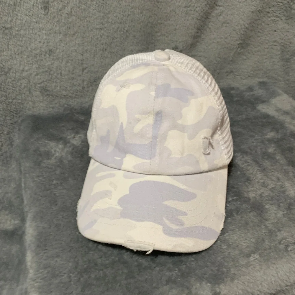 CC Girls Ponytail Trucker Hat Camo Grey White Distressed Mesh Back Messy Bun Cap